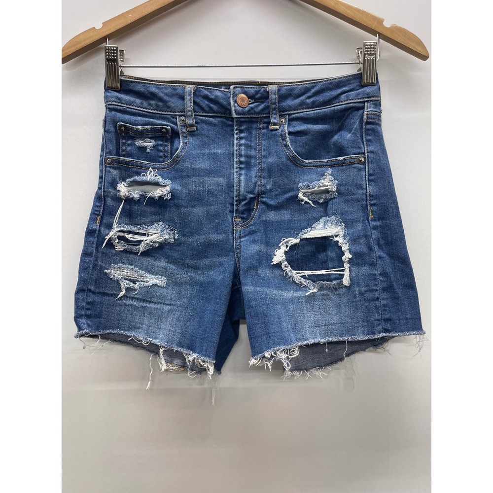 American Eagle Super Hi-Rise Shortie Distressed Denim Shorts Blue Size 2